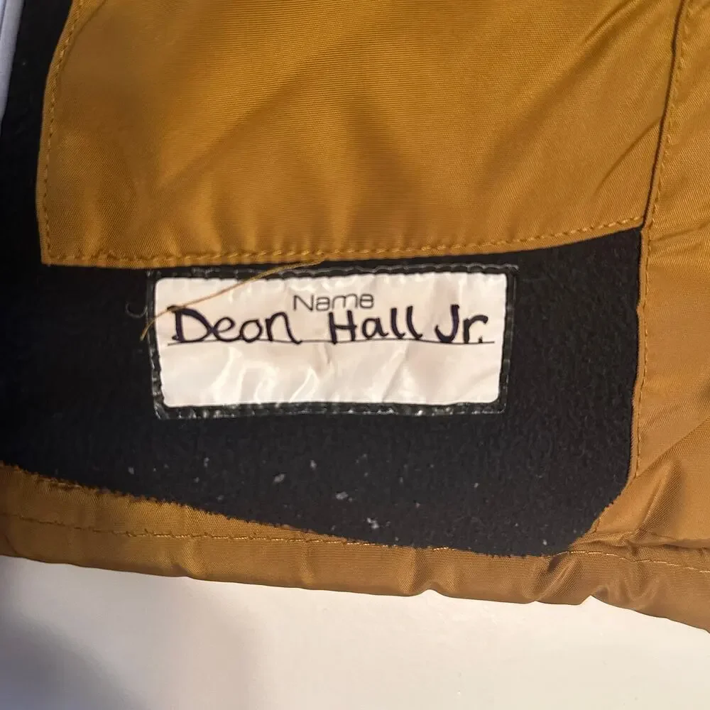 DKNY Puffer Coat Boys Size 4 Mustard Brown Hooded Quilted Outdoor Winter Gorp